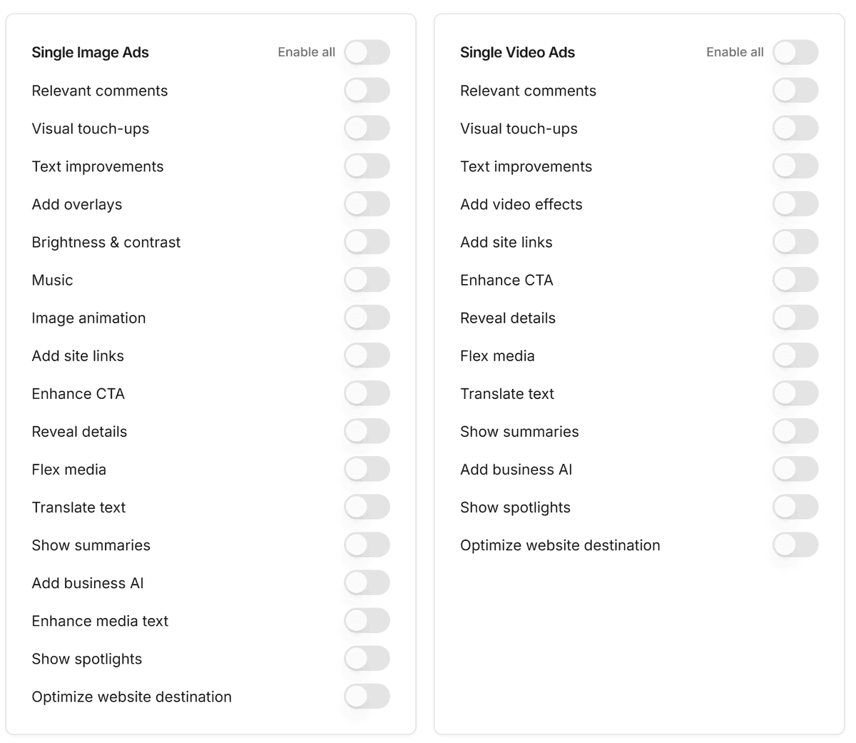 Adsap's creative enhancement controls, letting you disable Meta's Advantage+ auto-features per format so they stay off for every ad